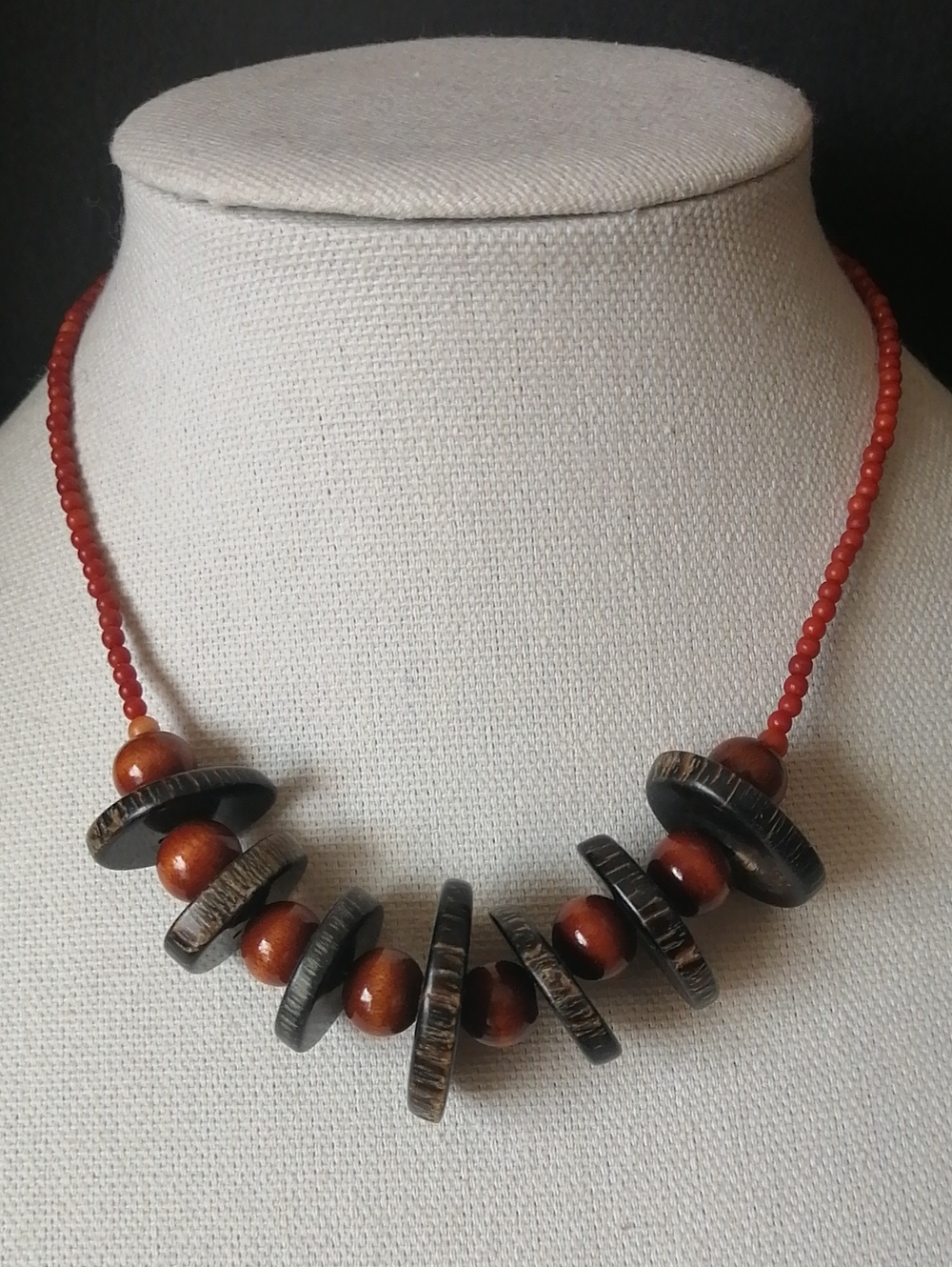 Vintage Boho Tribal Handcrafted Red Seed Beads Dark Brown Disc Accents Necklace